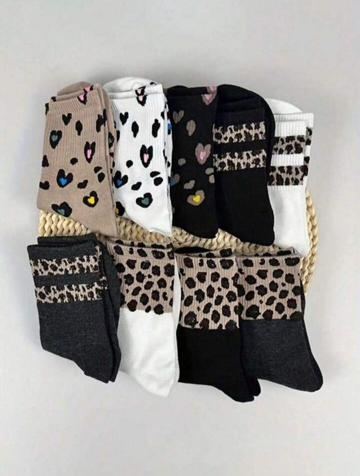 9 PAIA DI CALZINI COMFORT ALLA CAVIGLIA-STAMPA LEOPARDATA,A RIGHE E A CUORE
